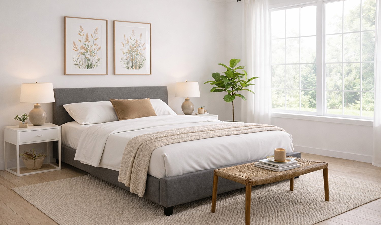 Upholstered bed with neutral fabric frame, styled with patterned bedding and cushions beside a potted plant.